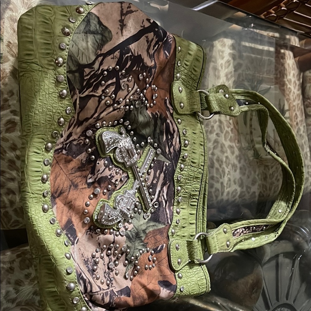 Green and Brown Camouflage Shoulder Bag with Durable Design